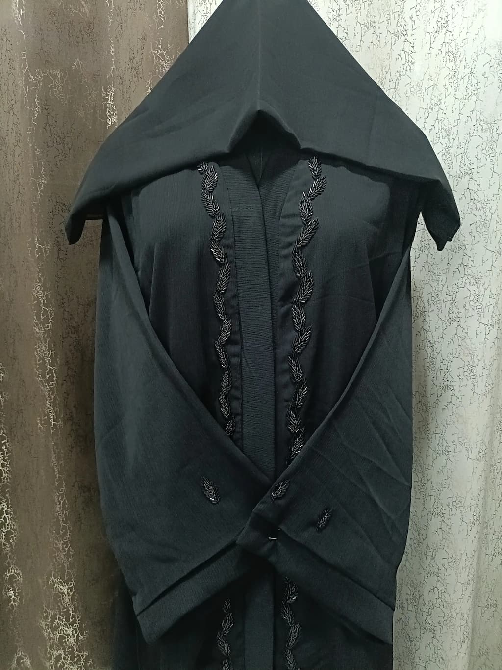 Front Open Black Handwork Abaya With Full Length Leaf Handwork