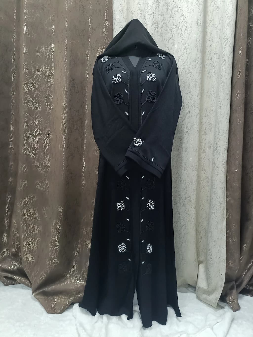 Front Open Black Abaya With Black And White Paan Handwork