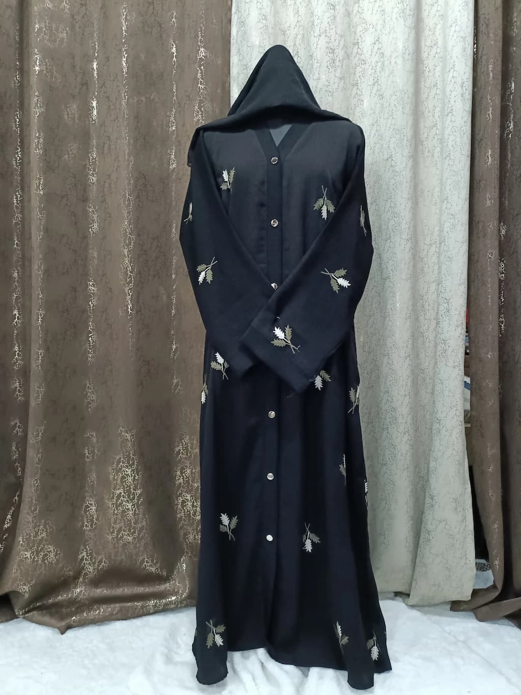 Black Front Open Abaya With Floral Embroidery