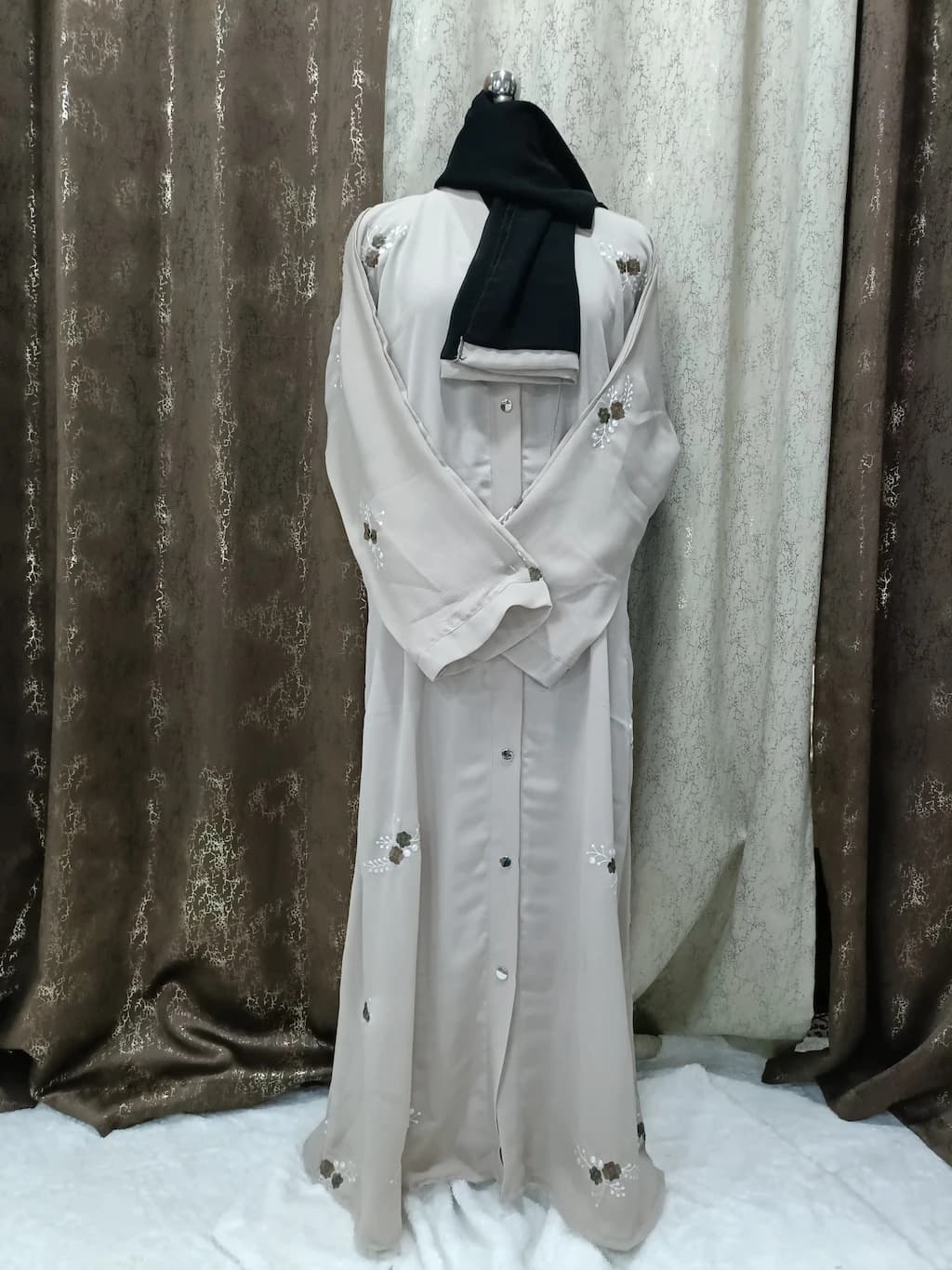Beige Front Open Abaya With Floral Embroidery