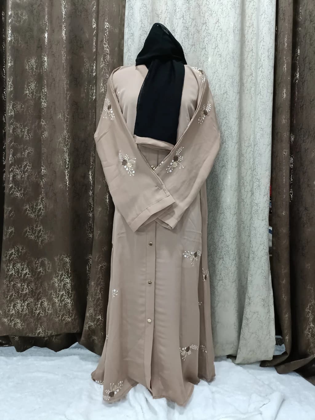 Antique Brass Brown Front Open Abaya With Floral Embroidery
