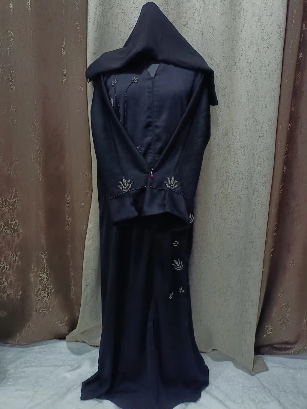 Front Open Abaya With Black Silver Handwork