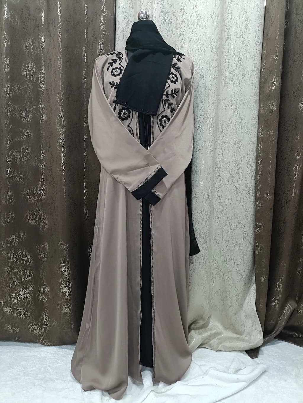 Pastel Brown Shrug Abaya With Handwork Design