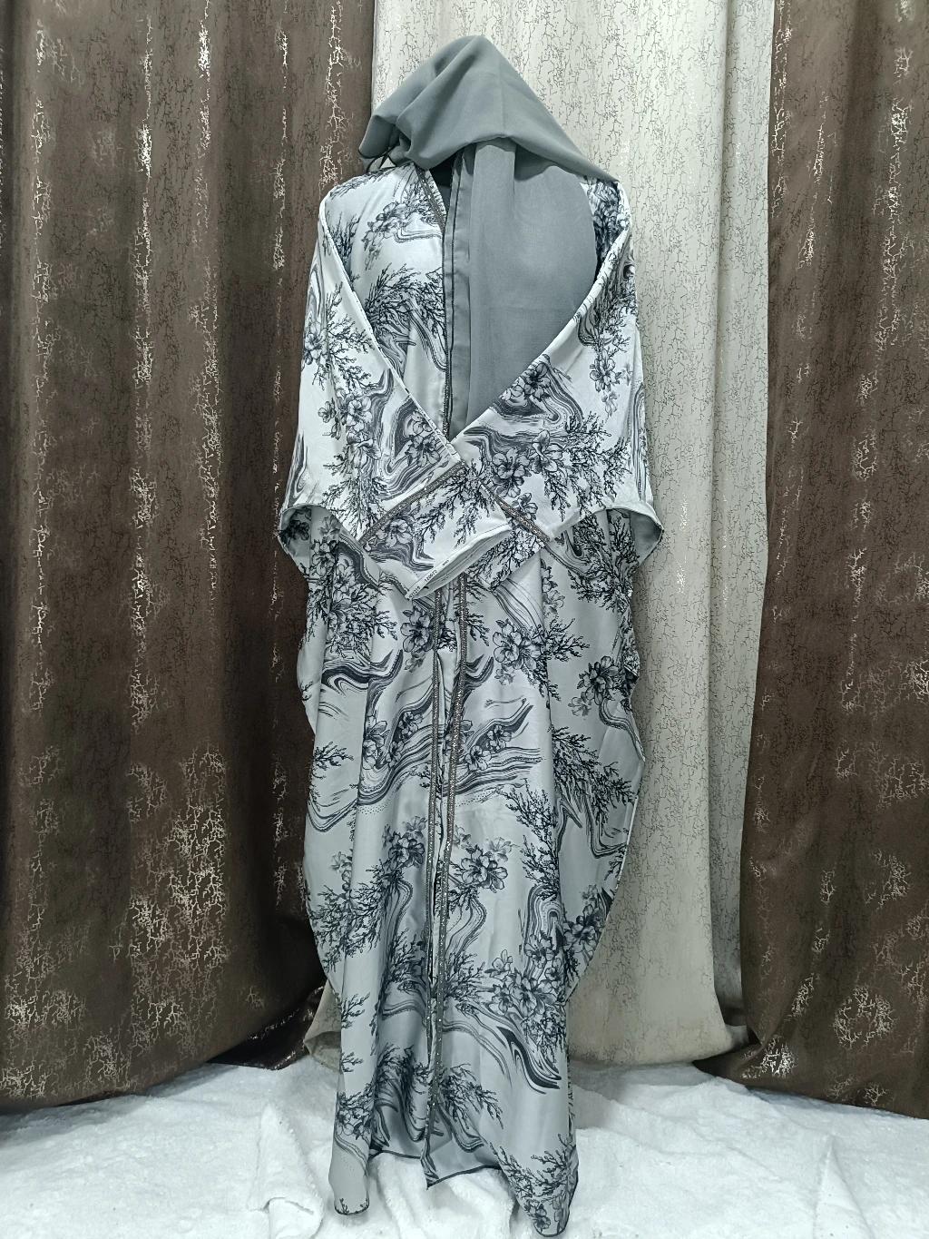Light Gray Front Open Digital Printed Dubai Style Kaftan Abaya