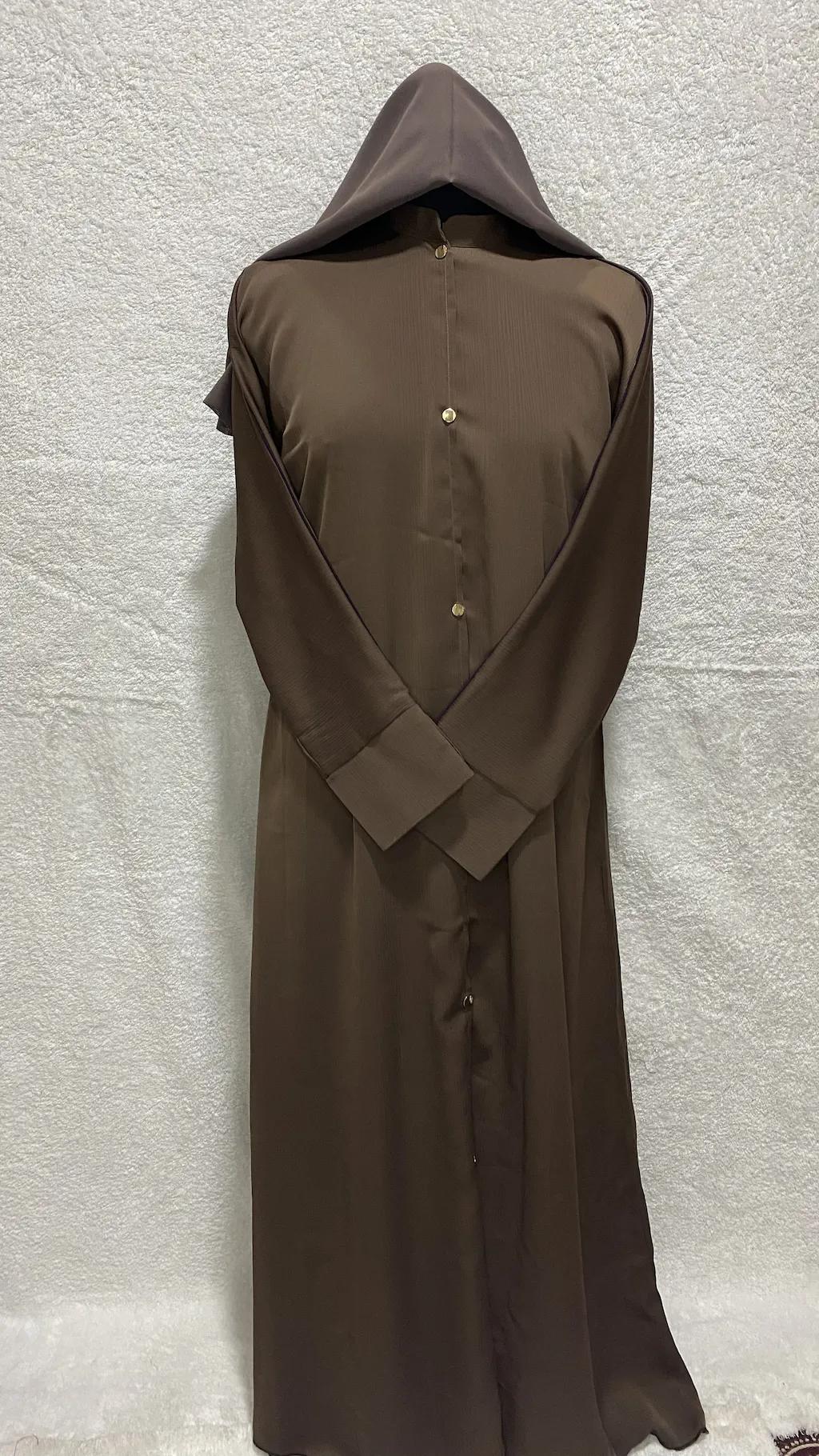 Walnut Brown Front Open Abaya With Cuffed Sleeves