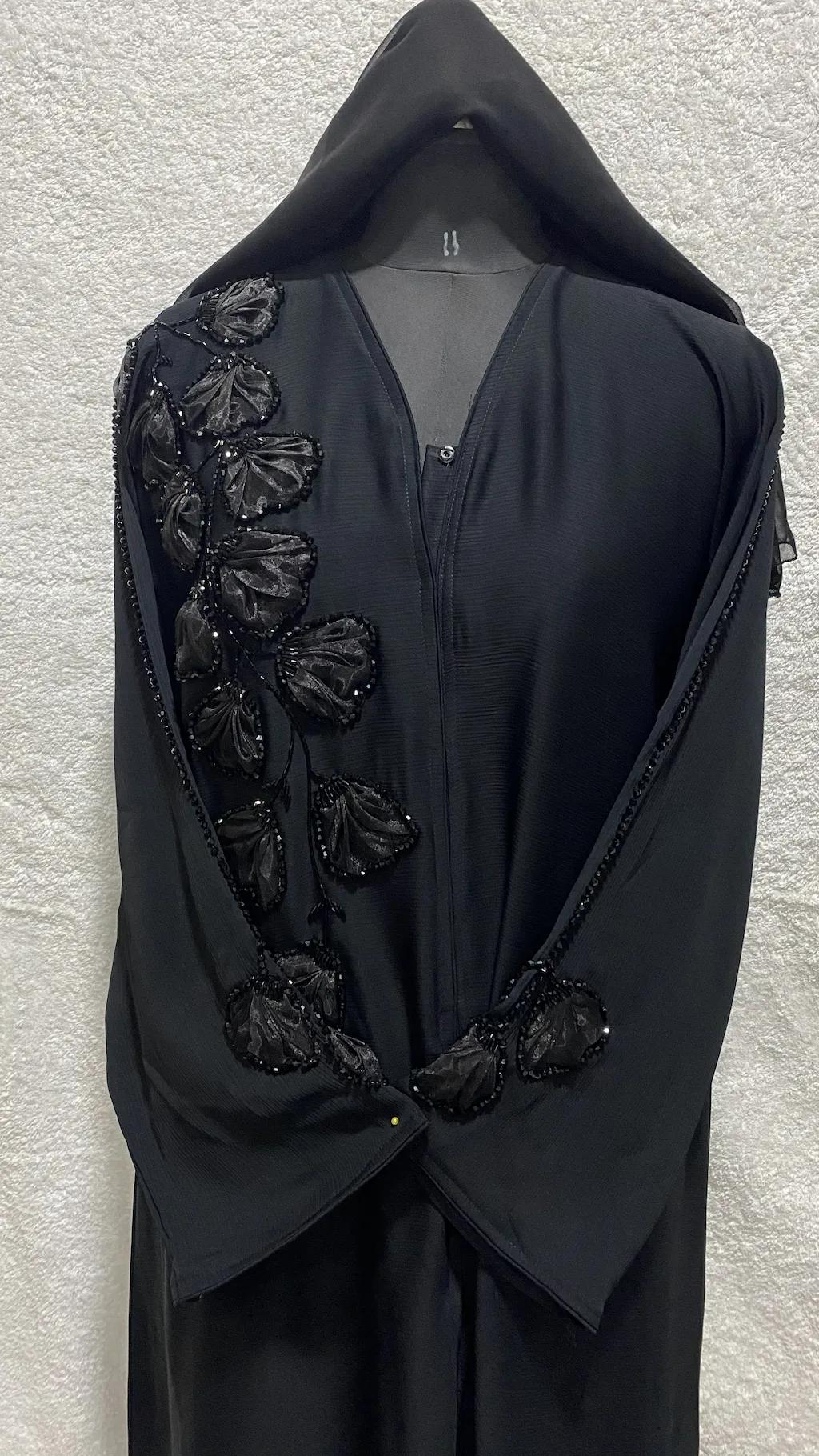 Front Open Handwork Abaya With Tissue Work In Zoom Fabric