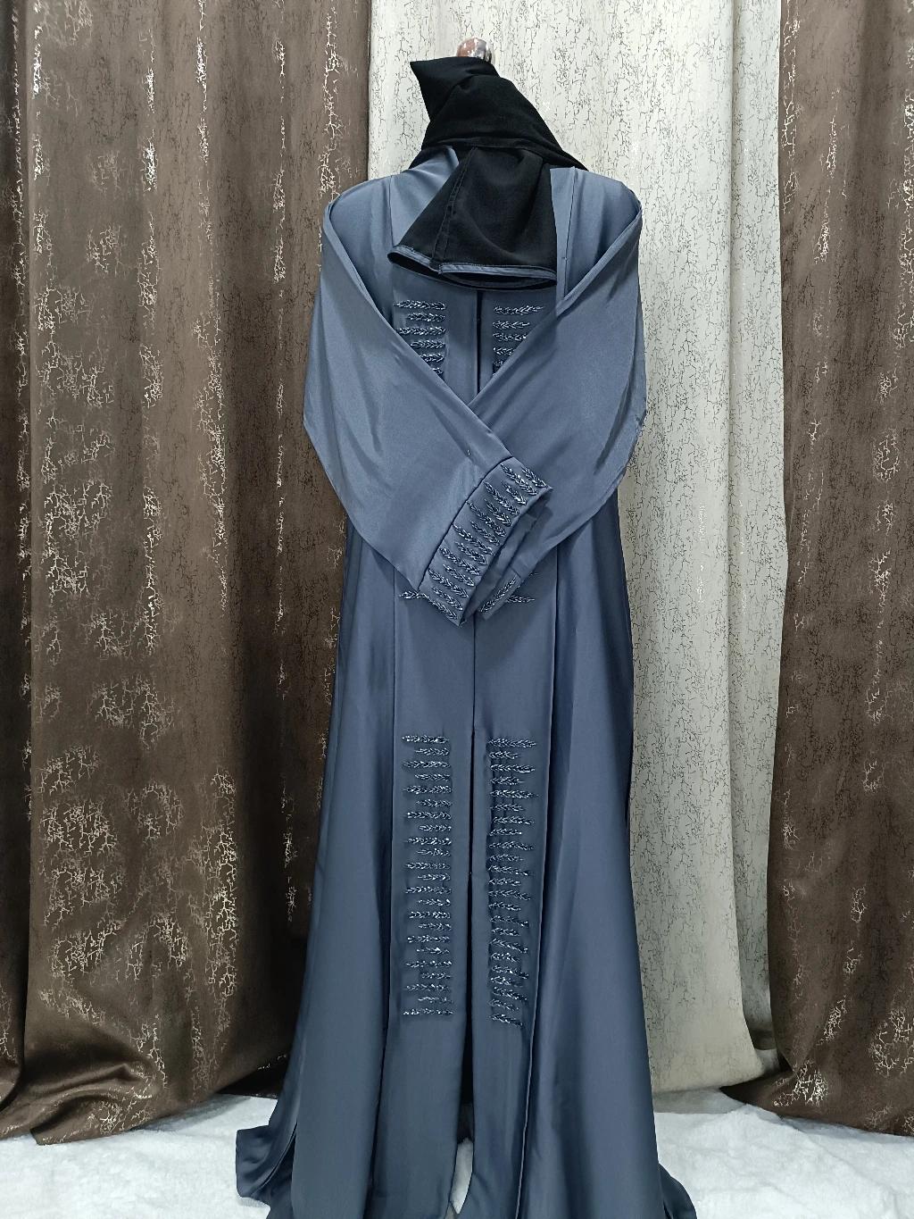 Lead Gray Handwork Abaya In Double Lapel Design