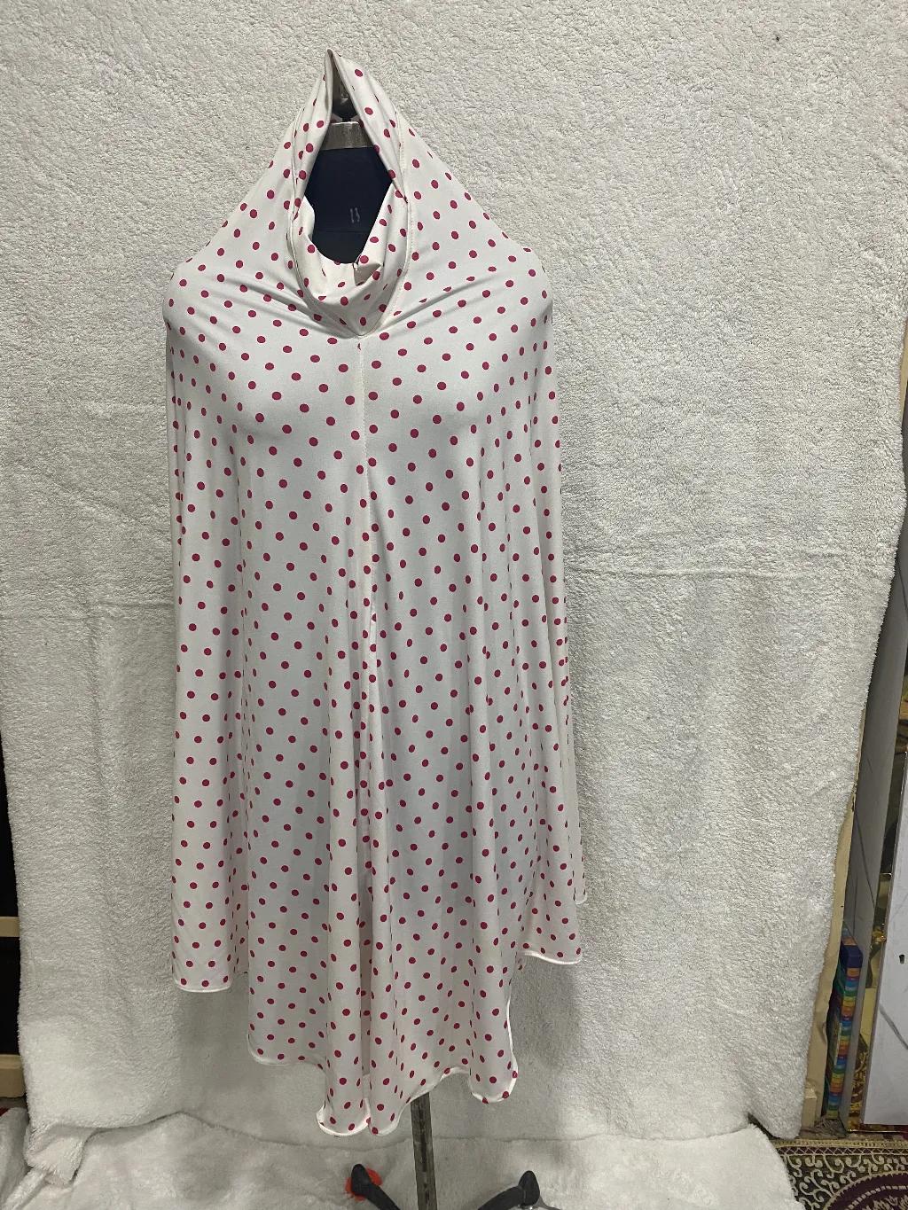 Modest White Khimar Scarf Prayer Dress With Pink Dots